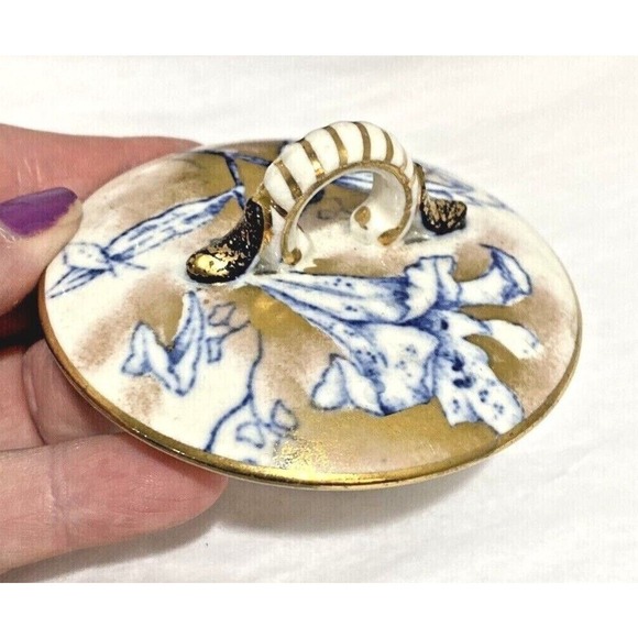 Vintage porcelain creamer & sugar bowl cobalt blue gold highlights unique floral - Picture 7 of 12